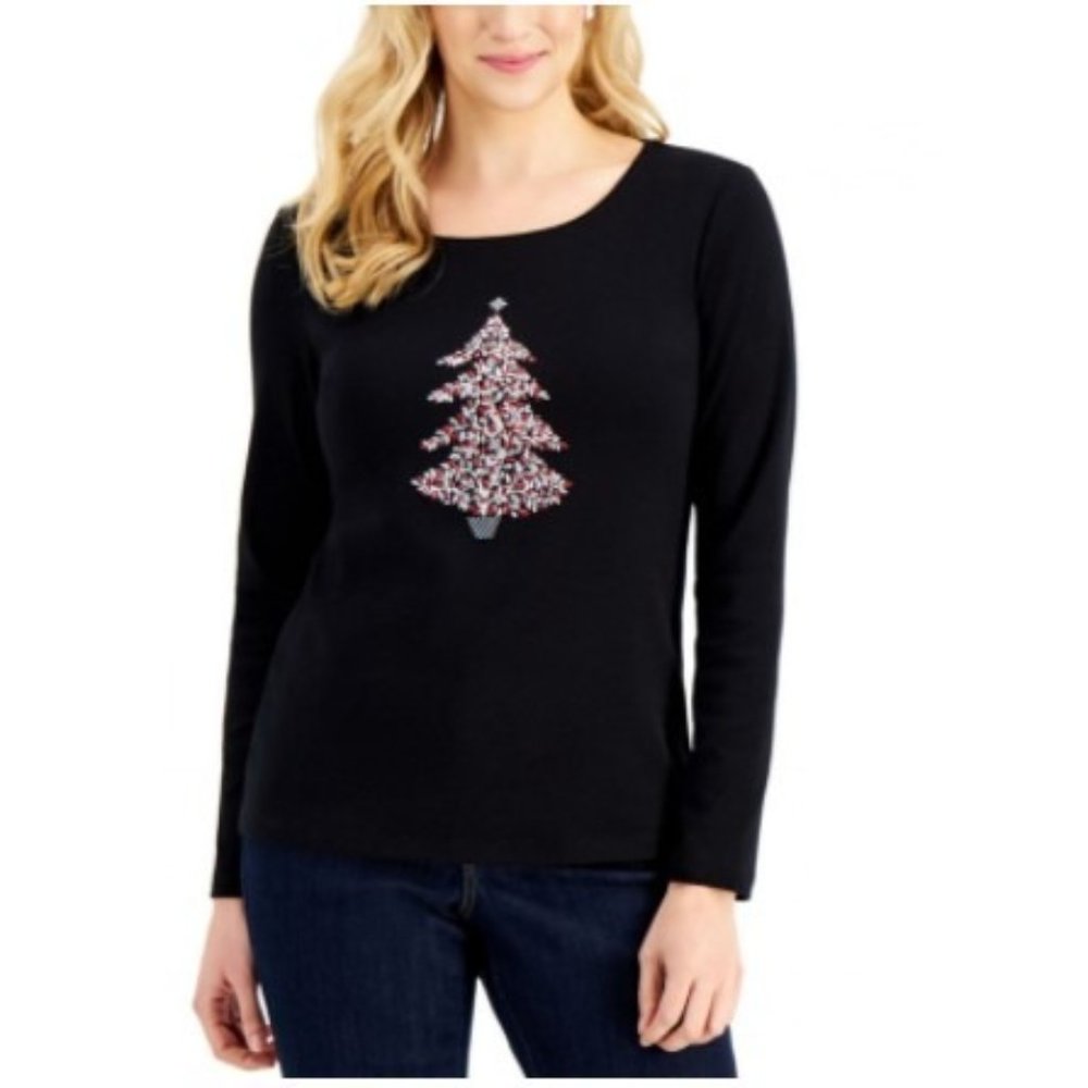NWT Karen Scott Embellished Print Christmas Tree Top